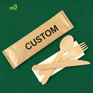 VVG OEM ODM Wooden Cutlery Set Custom Print Disposable Fork Knife Spoon Napkin Kit