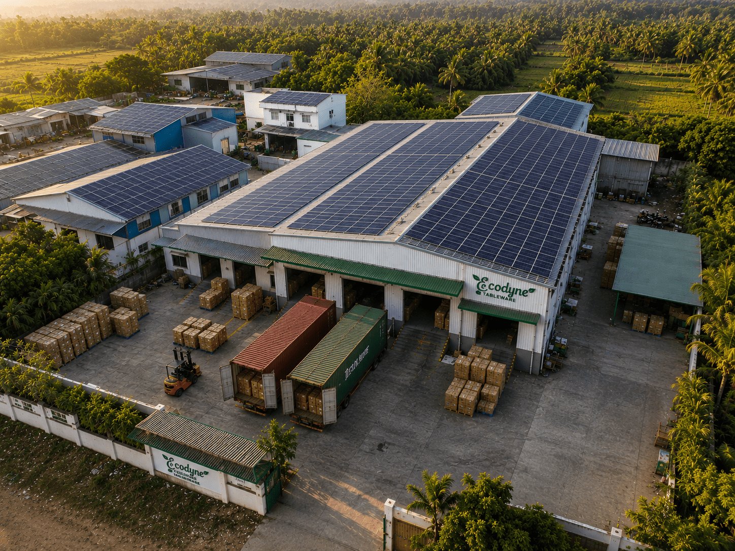 Aerial view of the Ecodyne Tableware palm leaf plate factory in Karnataka, India, with rooftop solar array and export containers at the loading dock