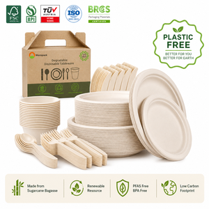 100 Compostable Disposable Sugarcane Bagasse Food Plates Tray Bowl Set